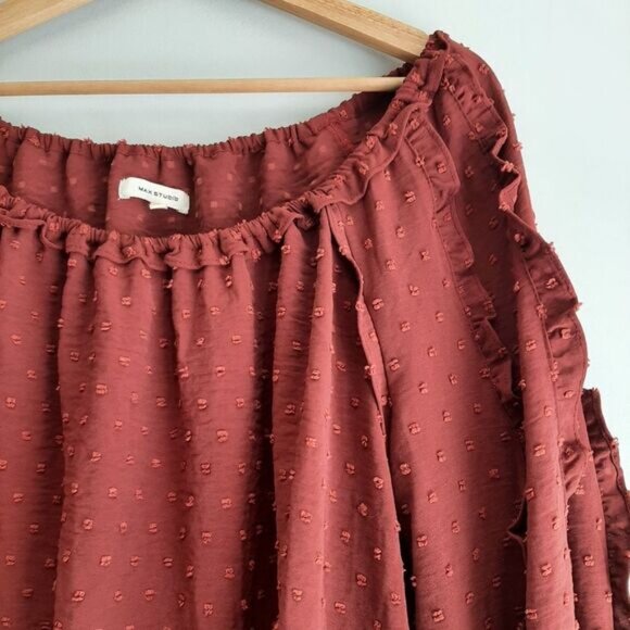 MAX STUDIO / Swiss Dot Textured Boho Ruffle Sleeve Blouse Rust Brown Sz XL - Picture 4 of 13